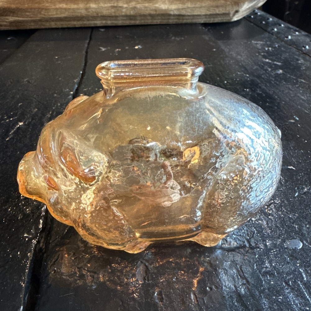 Anchor Hocking Carnival Glass 4x3 Piggy Bank Pig Amber Iridescent Vintage
